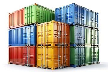 Stacked Metal Cargo Containers on White, Global Logistics Export Import Business