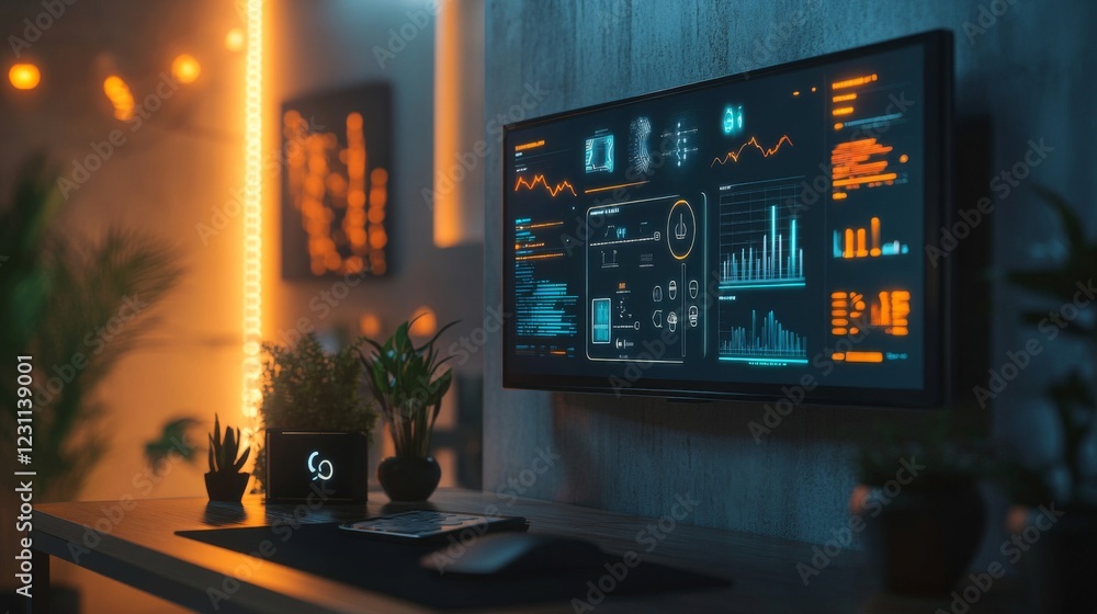 Poster futuristic tech dashboard display on modern desk