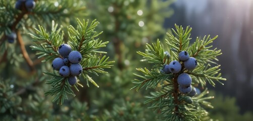 Single juniper berry glistening with dew on the tender shoot of a young juniper tree, evergreen, dewy