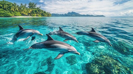 Fototapeta premium A group of dolphins swimming in the ocean. Generative AI