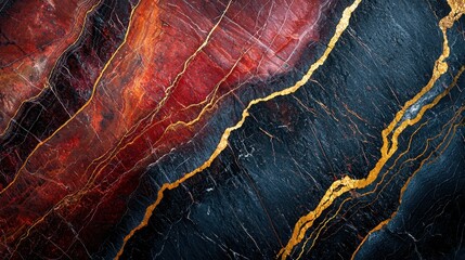 Abstract Red and Black Marble Background with Gold Veins Design