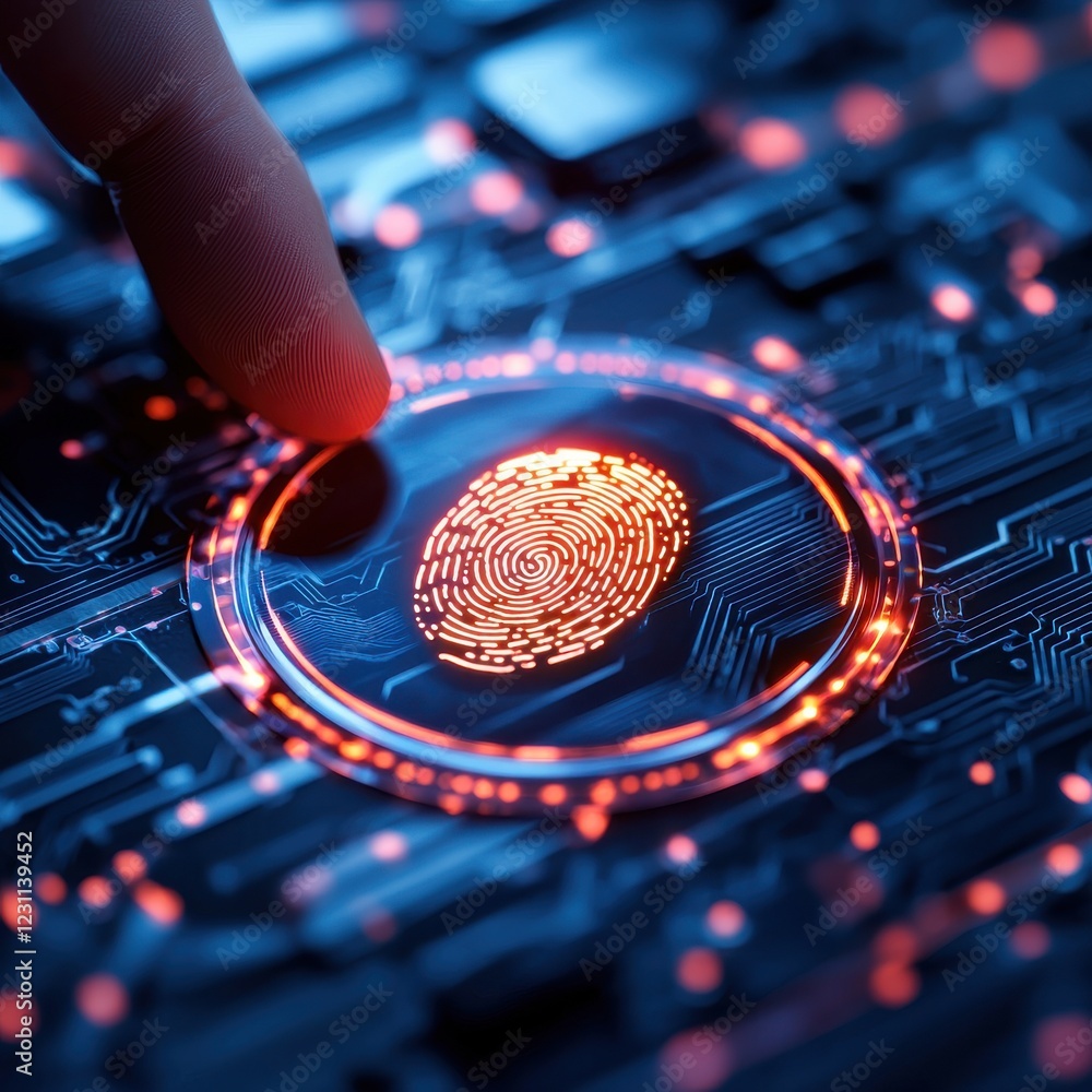 Poster fingerprint anti biometri, anonymity tracking concept. digital fingerprint scanning on a circuit boa