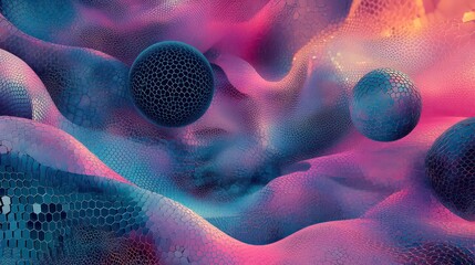 Abstract digital pattern with hexagonal shapes creating a dynamic, futuristic design and floating geometric spheres.