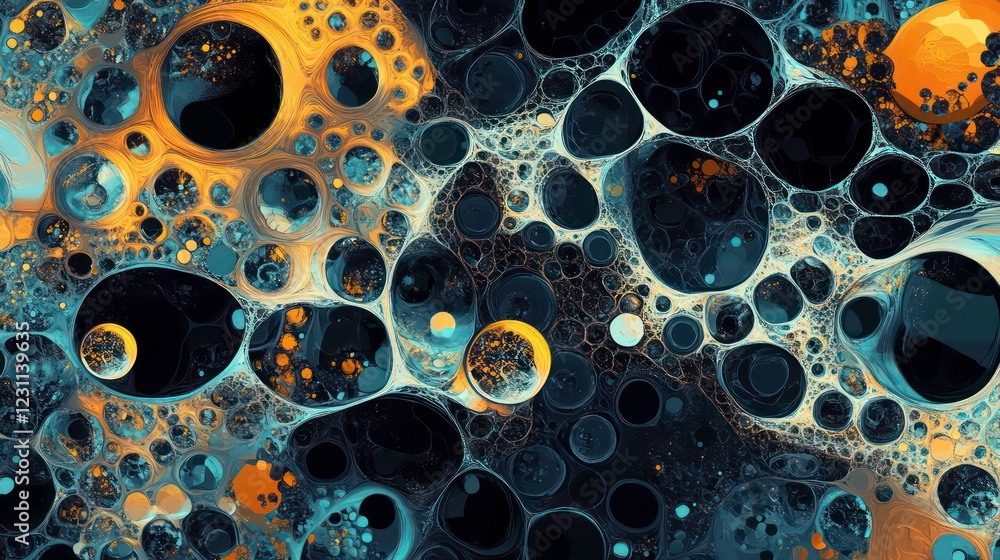 Poster Abstract digital pattern with hexagonal shapes creating a dynamic, futuristic design and floating geometric spheres.