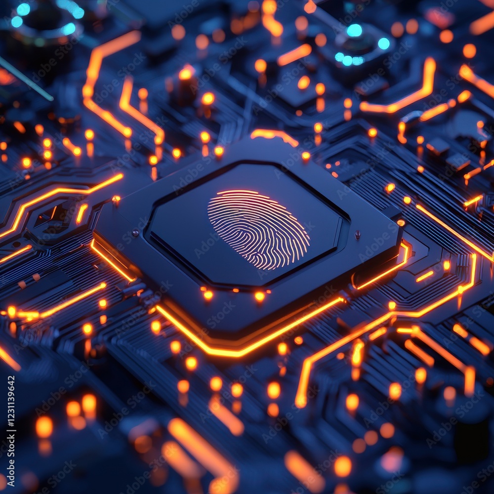 Poster fingerprint anti biometri, anonymity tracking concept. close-up of a circuit board with a glowing fi