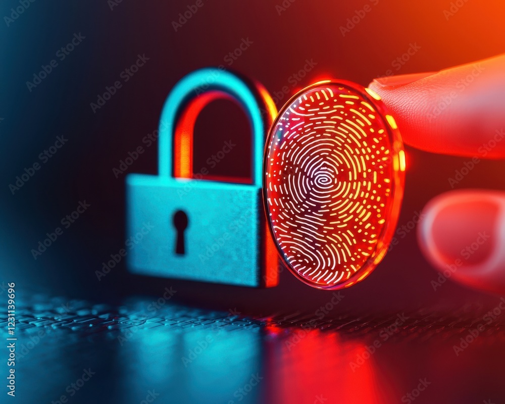 Aufkleber fingerprint anti biometri, anonymity tracking concept. fingerprint authentication with a padlock, sy