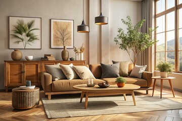 Wabi-Sabi Living Room:  Modular Sofa, Wooden Commode & Stylish Decor Stock Photo