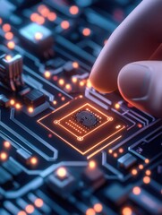 Obraz premium fingerprint anti biometri, anonymity tracking concept. Close-up of a finger touching a glowing microchip on a circuit board.