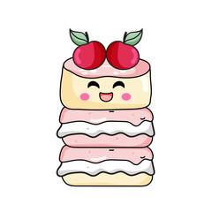 cute cake cartoon kawaii sticker. character vector illustration