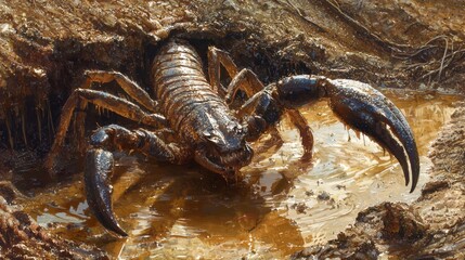 Large Scorpion Emerging from Muddy Ground in Natural Habitat