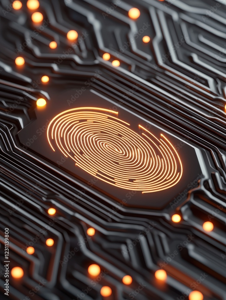 Poster fingerprint anti biometri, anonymity tracking concept. digital fingerprint on a circuit board with g