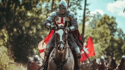 Knight in Armor Riding Horse with Red Flags in Background