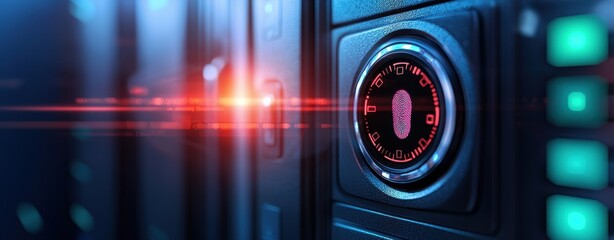 fingerprint anti biometri, anonymity tracking concept. Futuristic server interface with glowing elements and a digital lock design.