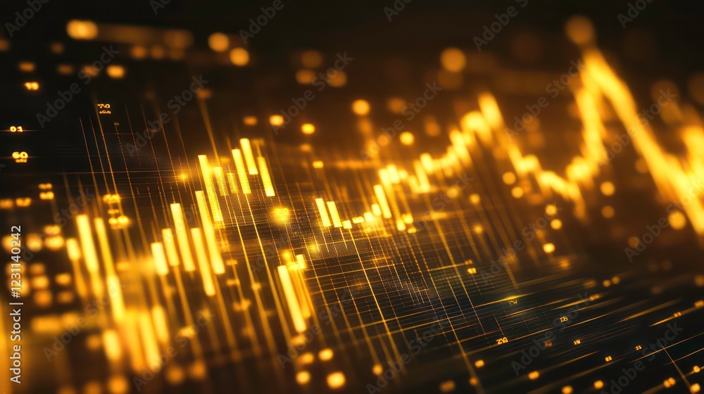 Poster abstract financial data visualization with glowing yellow lines and numbers