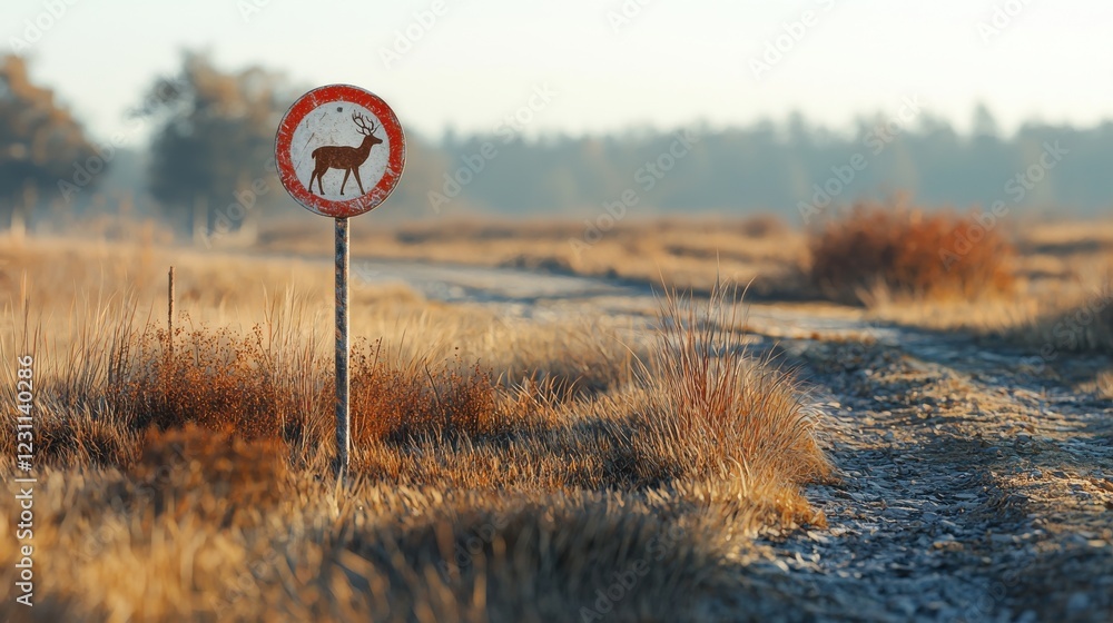 Aufkleber a sign with a deer on it is in a field. generative ai