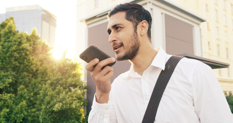 City, commute and voice note with business man outdoor for communication or travel to work. Contact, memo and phone call with employee person recording message in urban town for inspiration or update