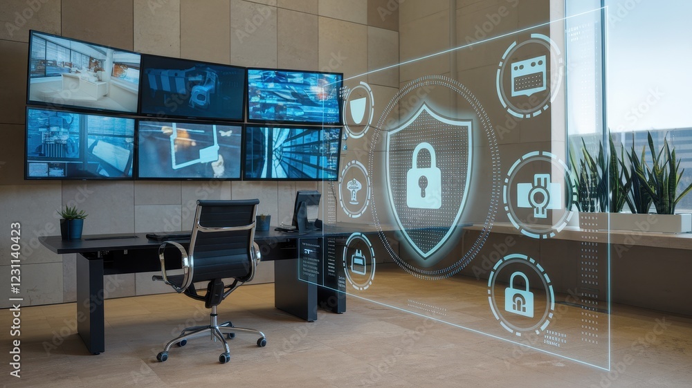 Poster modern security system control center with holographic interface