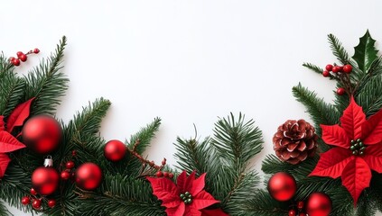 A vibrant red and green garland displayed against a crisp white background.