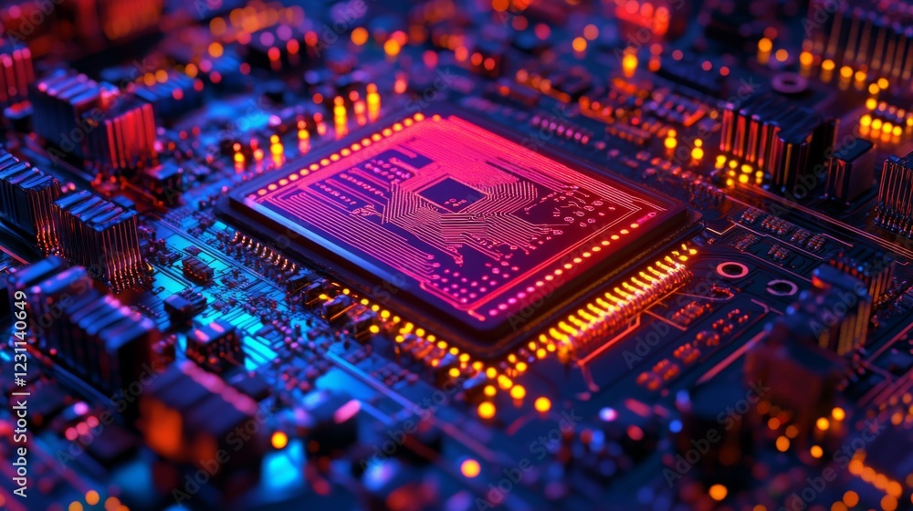 Poster close up of red and blue illuminated circuit board with central processor