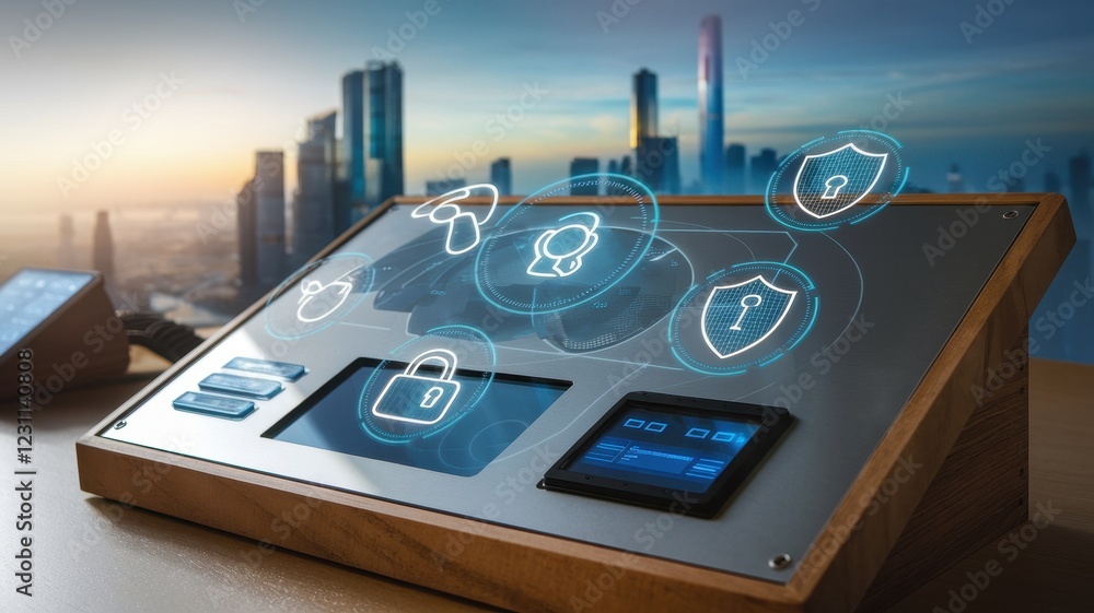 Poster futuristic security system interface: cybersecurity innovation displayed on a sleek console, featuri
