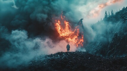 Fototapeta premium Dramatic Scene of Flames and Smoke with Silhouetted Figure in Nature