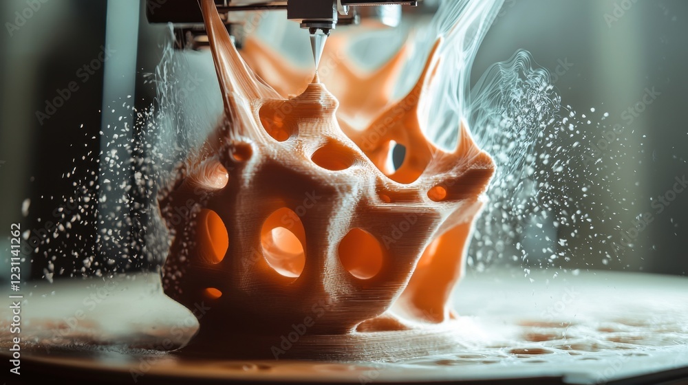 Poster intricate 3d printing process creating artistic abstract structure