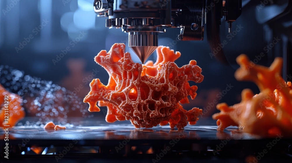 Poster intricate close-up of 3d printing process with unique coral structure
