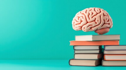 Brain Model on Stack of Books Against Vibrant Blue Background