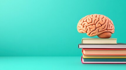 Brain Model on Stack of Colorful Books Against Teal Background