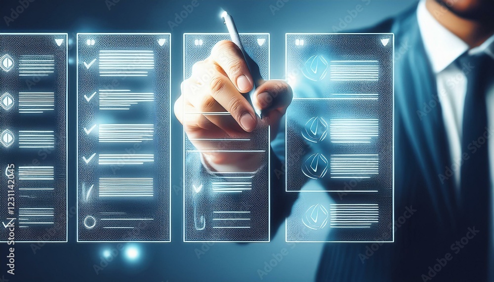 Poster businessman pushing button on screen. quality assurance and document control with checklist icons. b