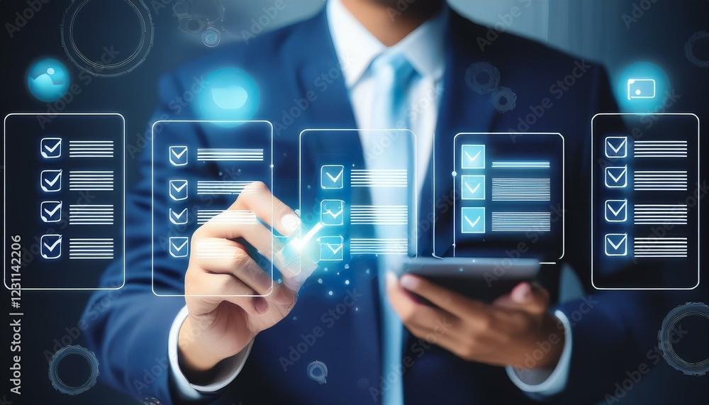 Poster businessman pushing button on screen. quality assurance and document control with checklist icons. b