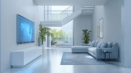 Modern Minimalist Living Room Interior Design with Blue Sectional Sofa and Large Screen TV