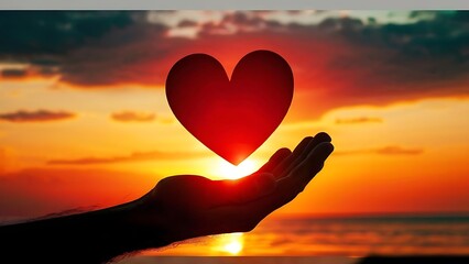 A hand holds a red heart against a vibrant sunset representation of love, hope, affection and a positive future