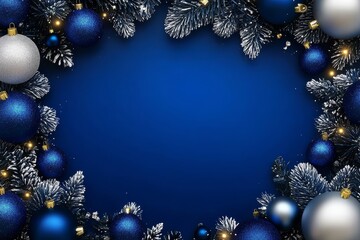 Fototapeta premium Elegant royal blue Christmas template featuring festive decorations. 
