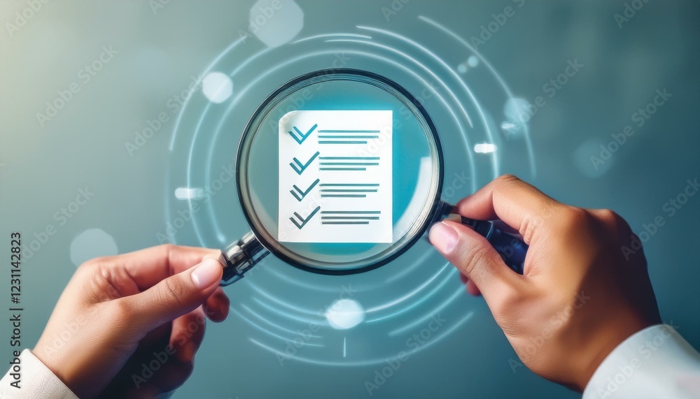 Poster document review process and quality control concept. hand holding magnifying glass over. hand pushin