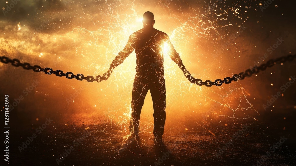 Poster man breaking free from chains in dramatic illuminated background
