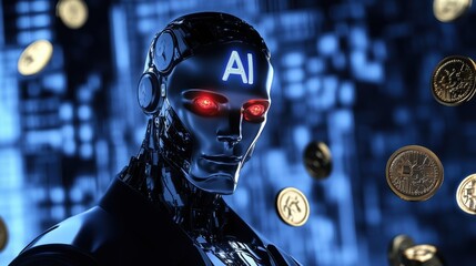 Fototapeta premium A robot with a face and the letters AI on it. Generative AI