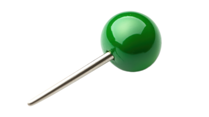 Green push pin on transparent background, office supply for notes and reminders