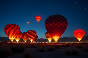 Hot air balloons at night, starry sky, vibrant patterns, glowing distant town, dreamy and adventurous.