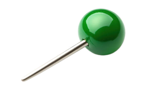Green push pin on transparent background, office supply for notes and reminders - Powered by Adobe