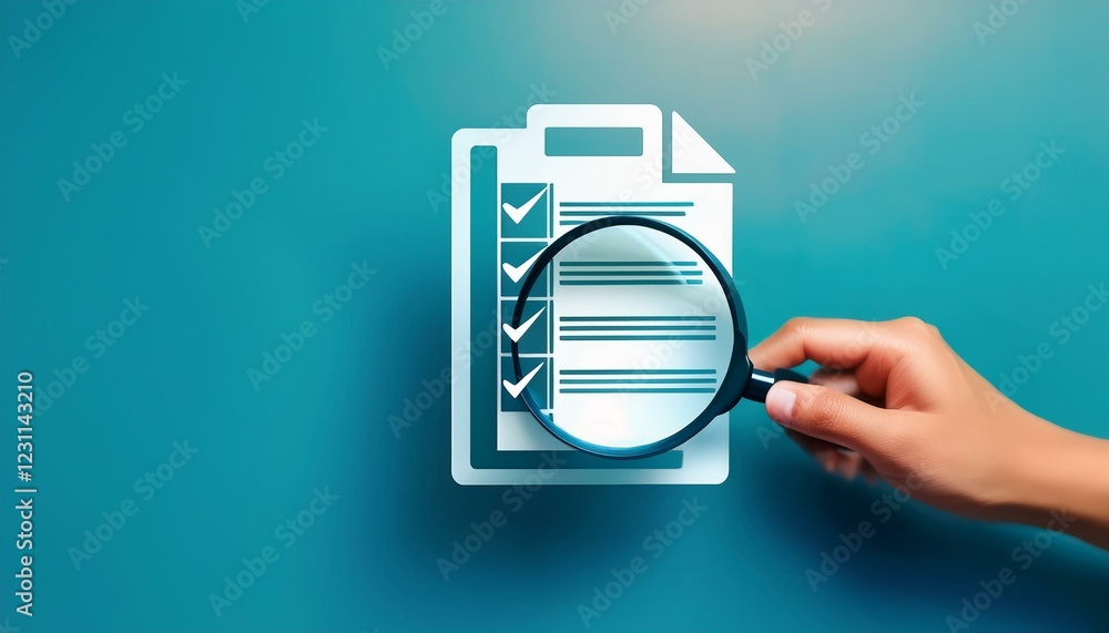 Poster document review process and quality control concept. hand holding magnifying glass over. hand pushin