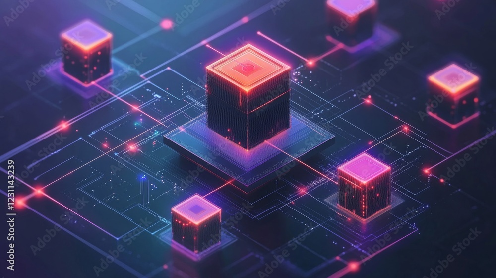 Poster abstract digital network with glowing cubes and circuit board