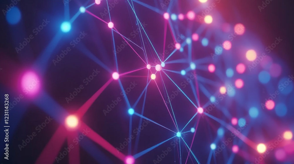 Poster abstract network connection: glowing pink blue nodes and lines on dark background
