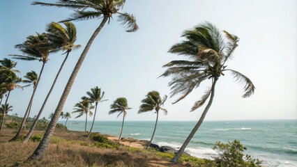 Fototapeta premium Palm trees swaying gently in ocean breeze, relaxation, scenery, solitude, water