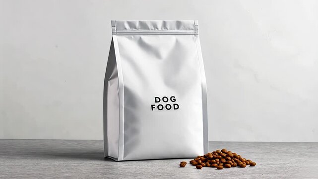 Pet food concept, White dog food bag on a gray surface with kibble.