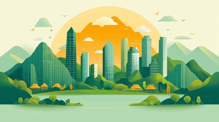 Obraz premium A Harmonious Blend of Nature and Urban Architecture with Majestic Mountains and Modern Skyscrapers at Sunrise
