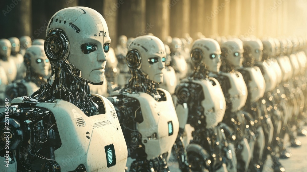 Poster future robots line up in a futuristic setting with soft lighting