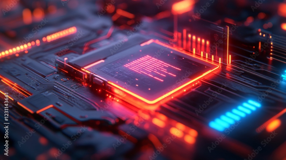 Poster red and blue glowing circuit board with processor close up