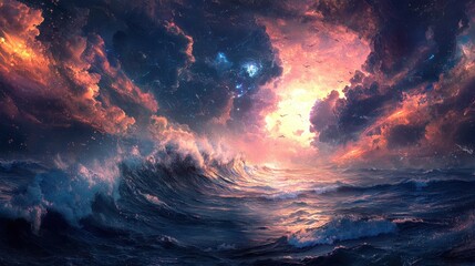 Fototapeta premium Dramatic Cosmic Seascape with Turbulent Waves and Colorful Sky