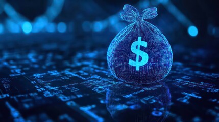 AI in finance: A blue moneybag with a dollar symbol, enhanced by binary code, symbolizing AI's role in modern financial management and personalized planning